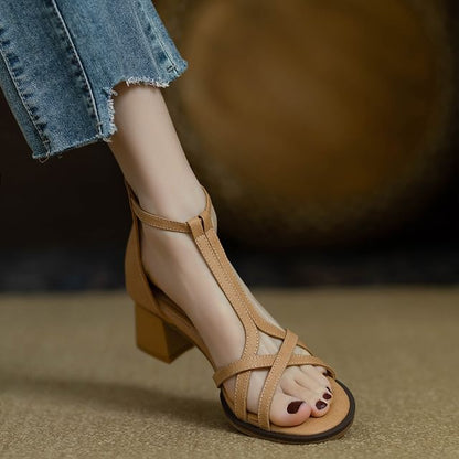 Chunky Heel Ankle Strap Plain Faux Leather Gladiator Sandals