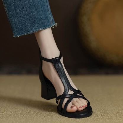 Chunky Heel Ankle Strap Plain Faux Leather Gladiator Sandals