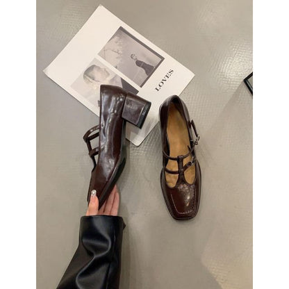 Pumps Chunky Toe Plain Mary Square Jane Heel T-Strap