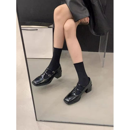 Pumps Chunky Toe Plain Mary Square Jane Heel T-Strap