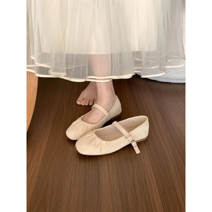 Plain Ruched Faux Suede Mary Jane Flats