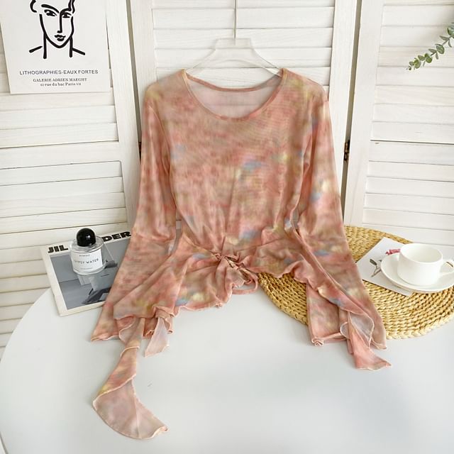 Long-Sleeve Round Neck Tie Dye Asymmetrical Lace Up Mesh Top