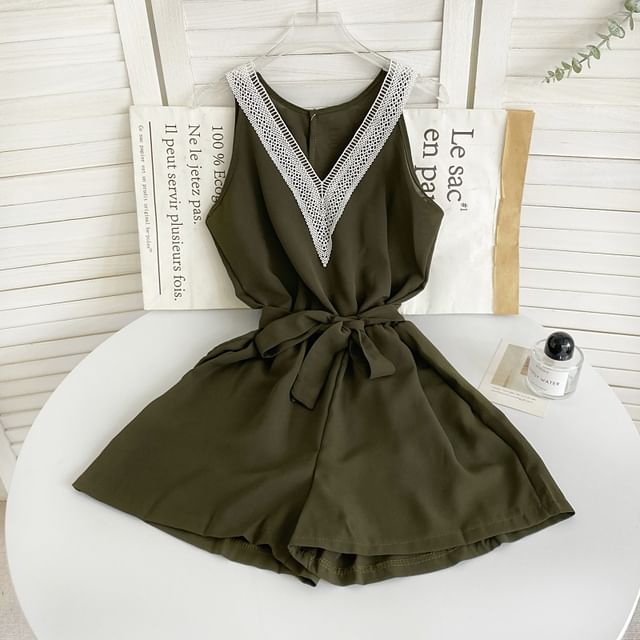 Sleeveless V-Neck Tie-Waist Panel Romper