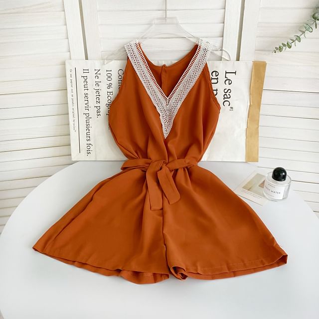 Sleeveless V-Neck Tie-Waist Panel Romper