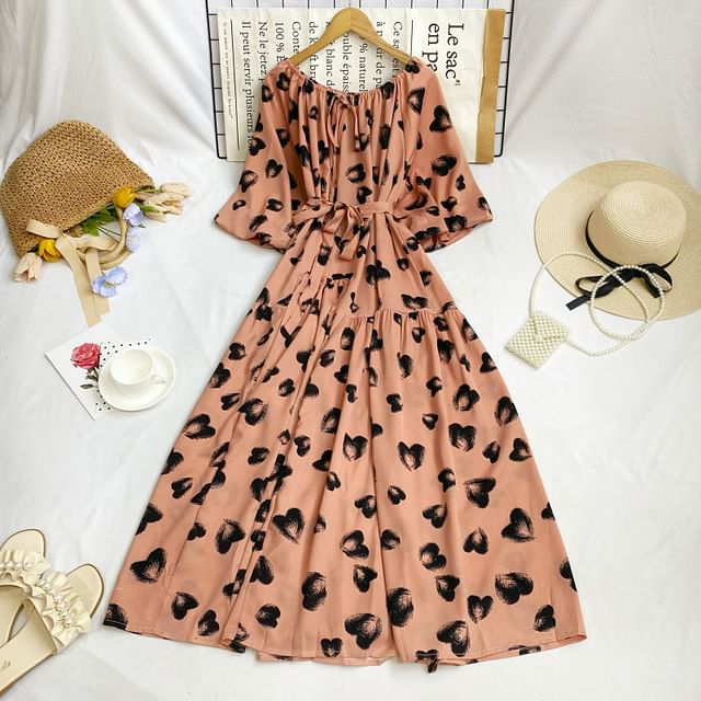 Short-Sleeve Round Neck Floral Print Tie-Up Maxi A-Line Dress