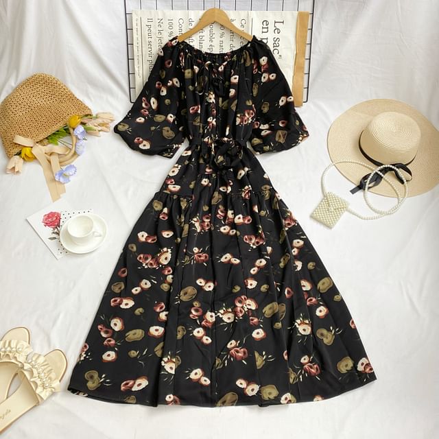 Short-Sleeve Round Neck Floral Print Tie-Up Maxi A-Line Dress