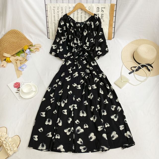 Short-Sleeve Round Neck Floral Print Tie-Up Maxi A-Line Dress