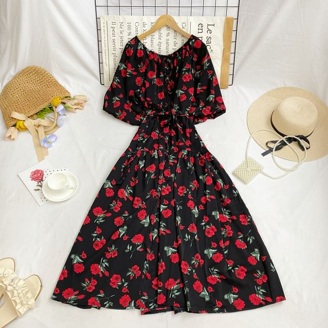 Short-Sleeve Round Neck Floral Print Tie-Up Maxi A-Line Dress