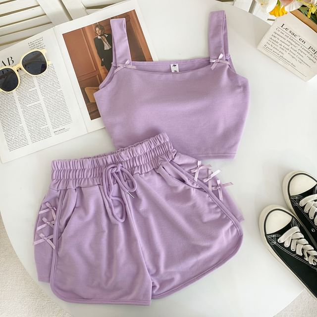 Set: Square Neck Plain Bow Crop Camisole Top + Drawstring Waist Sweat Shorts