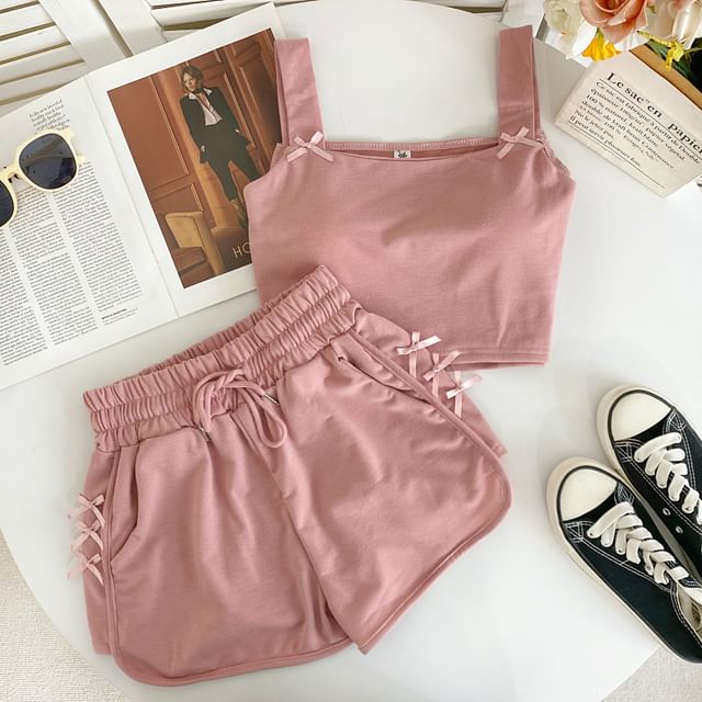 Set: Square Neck Plain Bow Crop Camisole Top + Drawstring Waist Sweat Shorts