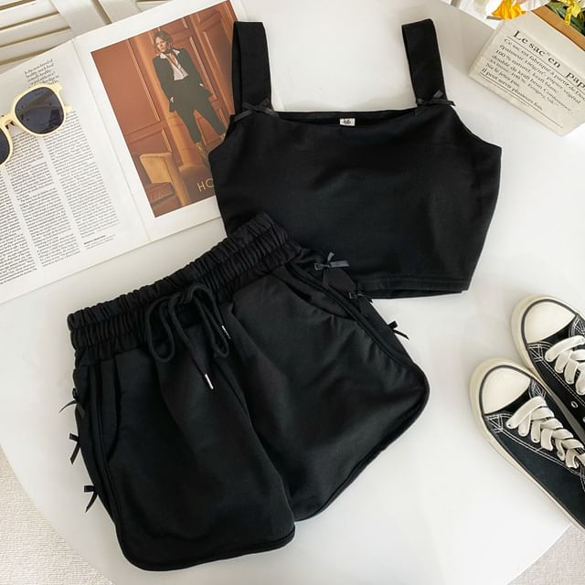 Set: Square Neck Plain Bow Crop Camisole Top + Drawstring Waist Sweat Shorts