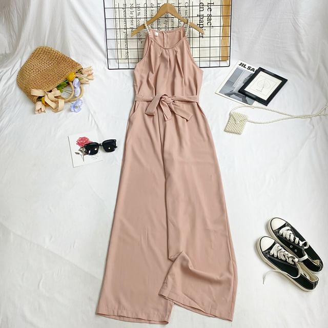 Spaghetti Strap Plain Tie-Waist Wide Leg Jumpsuit