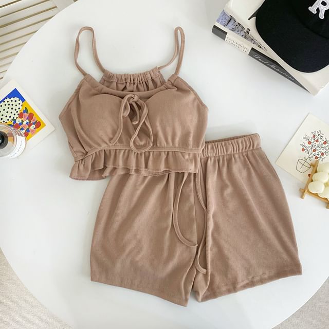 Set: Plain Ruffle Tie-Up Crop Camisole Top + Drawstring Waist Shorts