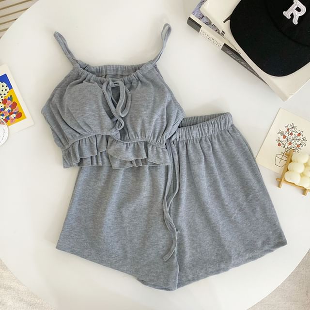 Set: Plain Ruffle Tie-Up Crop Camisole Top + Drawstring Waist Shorts