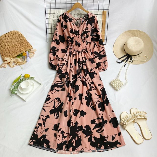 Short-Sleeve V-Neck Floral Print Shirred Maxi A-Line Dress