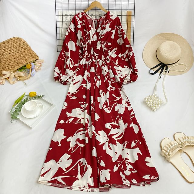 Short-Sleeve V-Neck Floral Print Shirred Maxi A-Line Dress