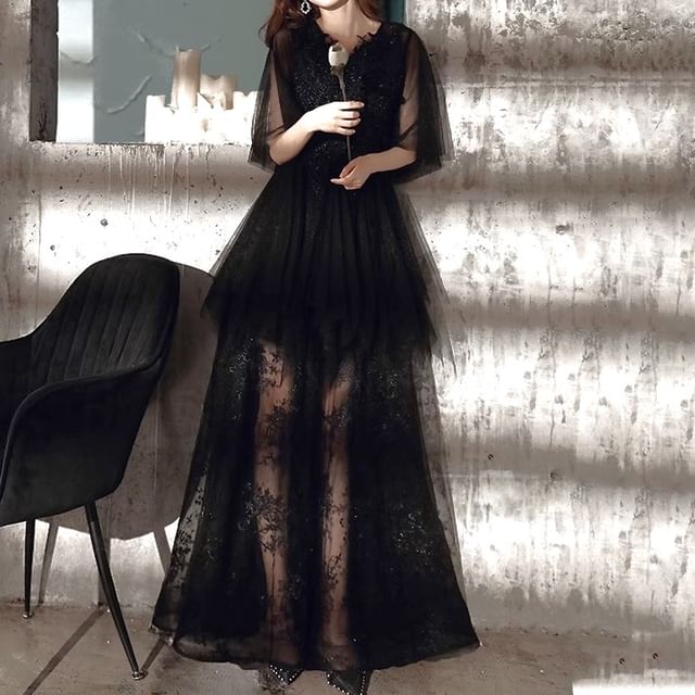 Gown A-Line Evening Embroidered Flared-Sleeve Flower