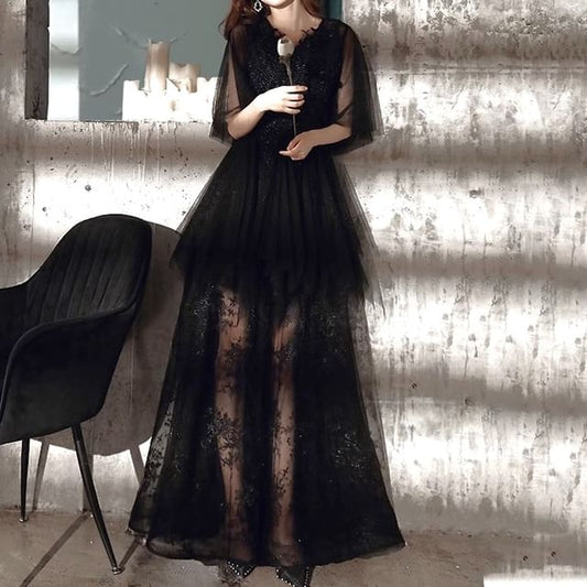 Gown A-Line Evening Embroidered Flared-Sleeve Flower