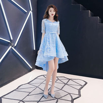 Elbow-Sleeve V-Neck Patterned A-Line Cocktail Dress