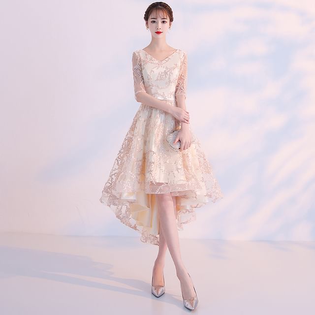 Elbow-Sleeve V-Neck Patterned A-Line Cocktail Dress
