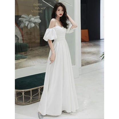 Puff-Sleeve Off-Shoulder Plain A-Line Evening Gown