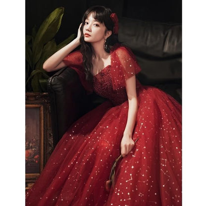 A-Line Sequin Gown Short-Sleeve Evening