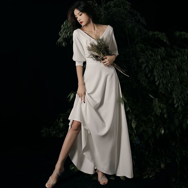 Short-Sleeve V-Neck Plain A-Line Evening Gown / Midi Cocktail Dress
