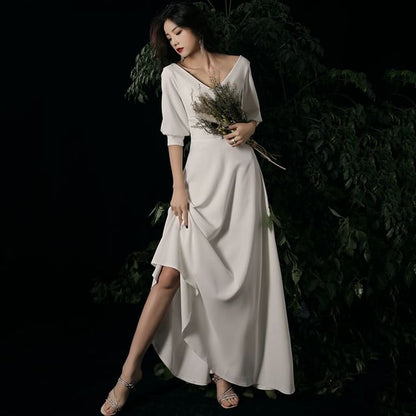 Short-Sleeve V-Neck Plain A-Line Evening Gown / Midi Cocktail Dress