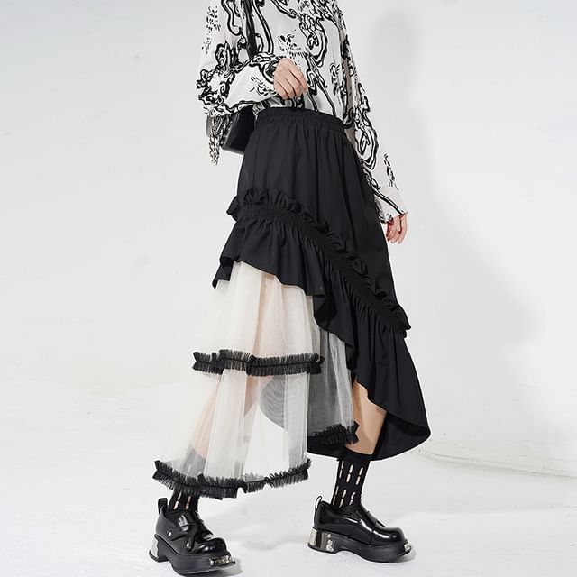 Two-Tone Ruffle Asymmetrical Mesh Midi A-Line Skirt with Elastic Waist