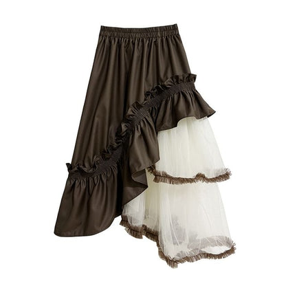 Two-Tone Ruffle Asymmetrical Mesh Midi A-Line Skirt with Elastic Waist