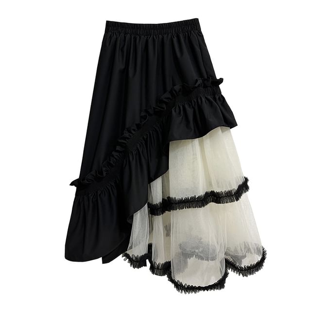 Two-Tone Ruffle Asymmetrical Mesh Midi A-Line Skirt with Elastic Waist