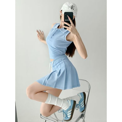 Sleeveless Cropped Polo Shirt with Pleated Mini Skirt in 6 Colors