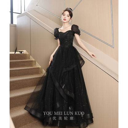 Short-Sleeve Evening A-Line Gown Sequin Mesh