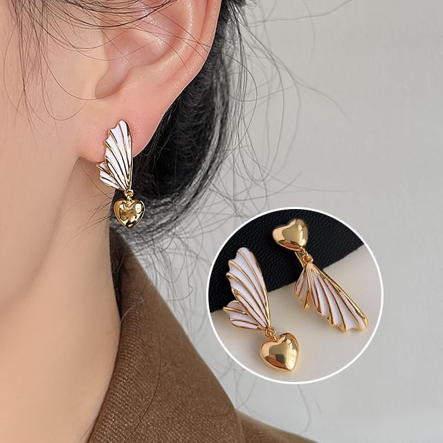 Heart Wing Asymmetrical Clip On Drop Earring