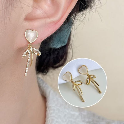 Rhinestone Bow Heart Clip On Drop Earring