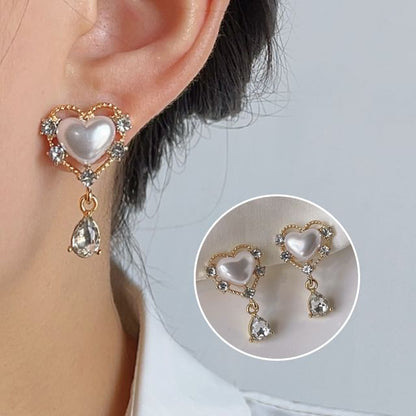 Faux Pearl Heart Rhinestone Clip On Drop Earring