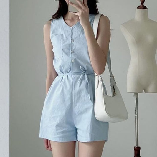 Sleeveless Button-Up Plain Romper