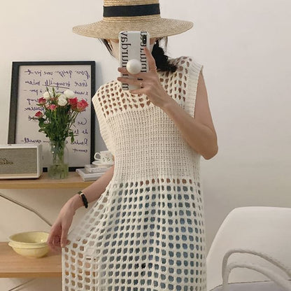 Sleeveless Perforated Plain Knit Dress