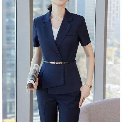 Stylish Asymmetrical Slit Blazer with Mini Pencil Skirt & Cropped Trousers