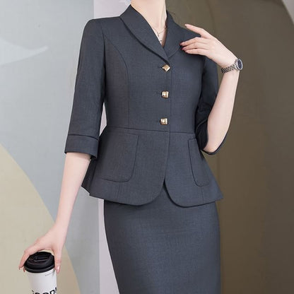 Refined Single-Breasted 3/4-Sleeve Blazer Set with High-Rise Mini Skirt & Cropped Pants