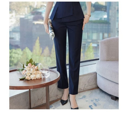 Stylish Asymmetrical Slit Blazer with Mini Pencil Skirt & Cropped Trousers
