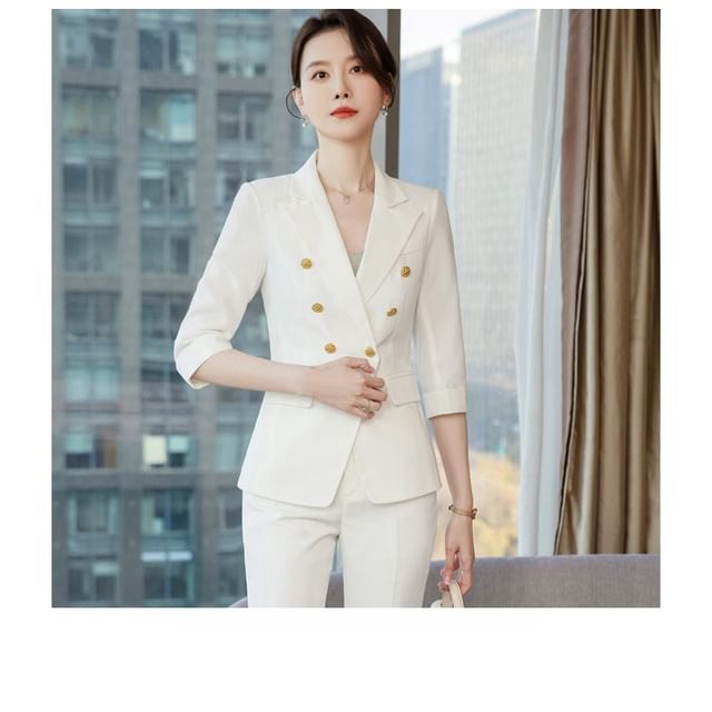 Elegant Double-Breasted 3/4-Sleeve Blazer with Mini Pencil Skirt & Cropped Flared Trousers