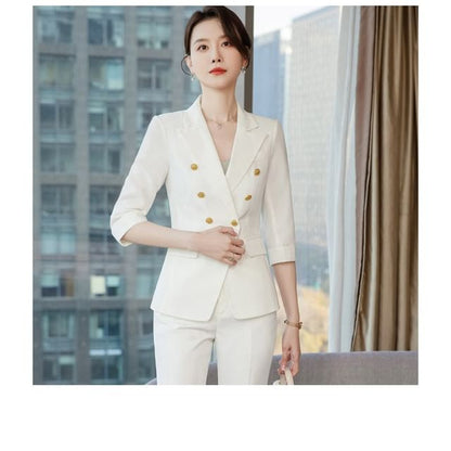Elegant Double-Breasted 3/4-Sleeve Blazer with Mini Pencil Skirt & Cropped Flared Trousers