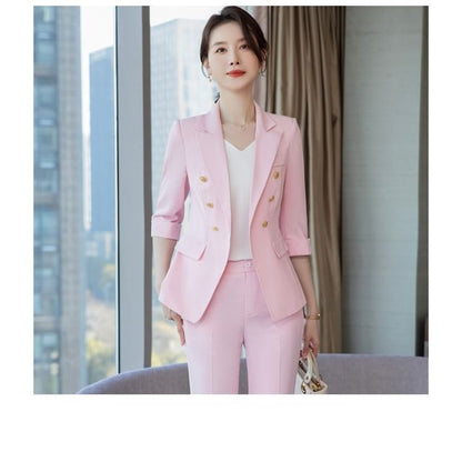 Elegant Double-Breasted 3/4-Sleeve Blazer with Mini Pencil Skirt & Cropped Flared Trousers