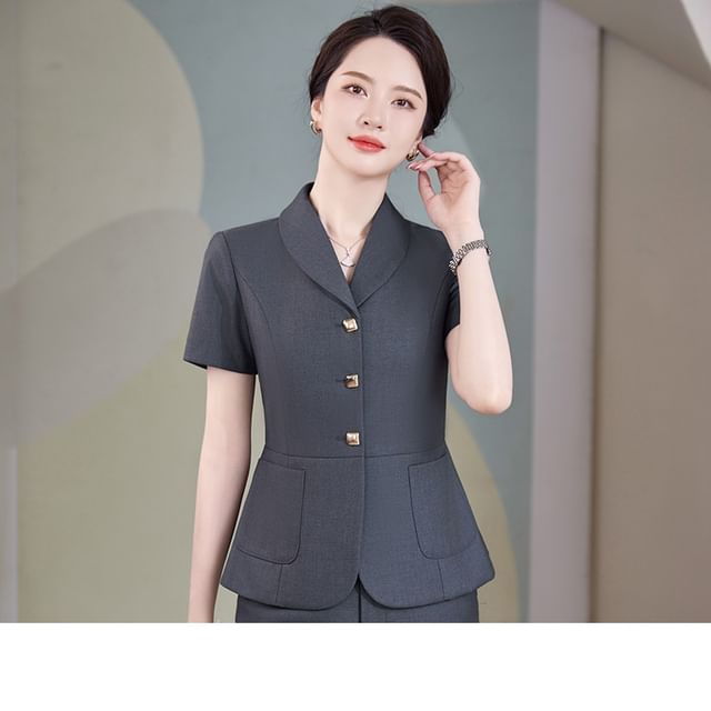 Chic Shawl Collar Short-Sleeve Blazer Set with Mini Skirt & Straight-Leg Cropped Pants