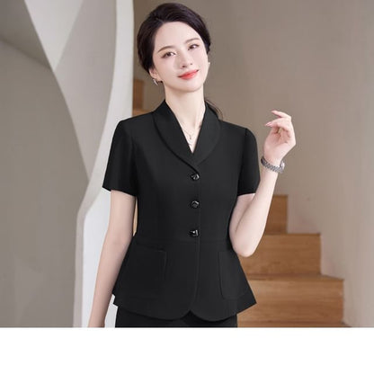 Chic Shawl Collar Short-Sleeve Blazer Set with Mini Skirt & Straight-Leg Cropped Pants