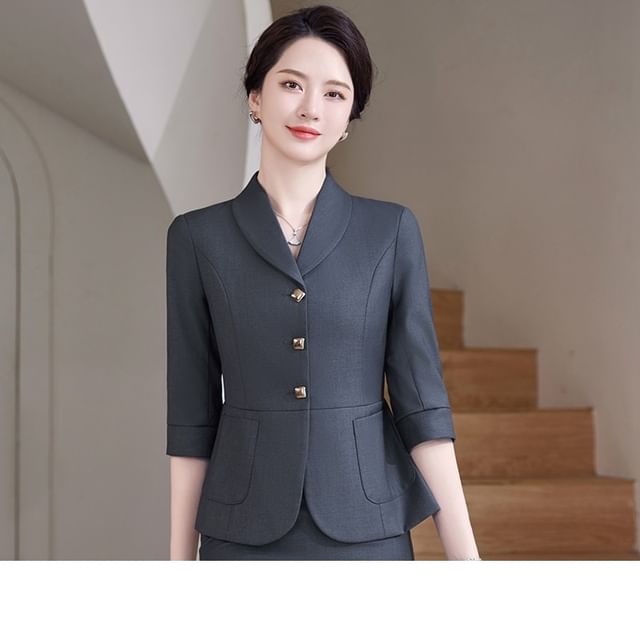 Refined Single-Breasted 3/4-Sleeve Blazer Set with High-Rise Mini Skirt & Cropped Pants