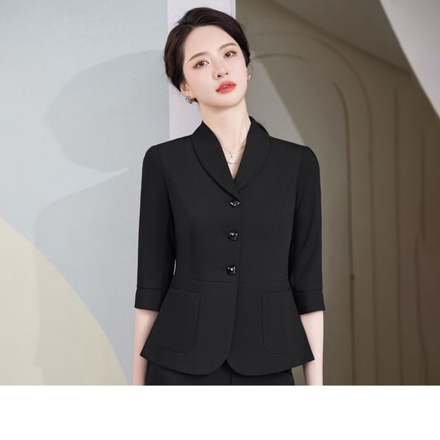 Refined Single-Breasted 3/4-Sleeve Blazer Set with High-Rise Mini Skirt & Cropped Pants