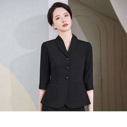 Refined Single-Breasted 3/4-Sleeve Blazer Set with High-Rise Mini Skirt & Cropped Pants