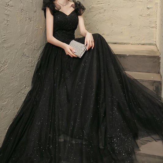 Short-Sleeve A-Line Mesh V-Neck Evening Gown